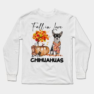 Black Chihuahua Fall in Love Scarf Funny Chihuahua Pumpkin Long Sleeve T-Shirt